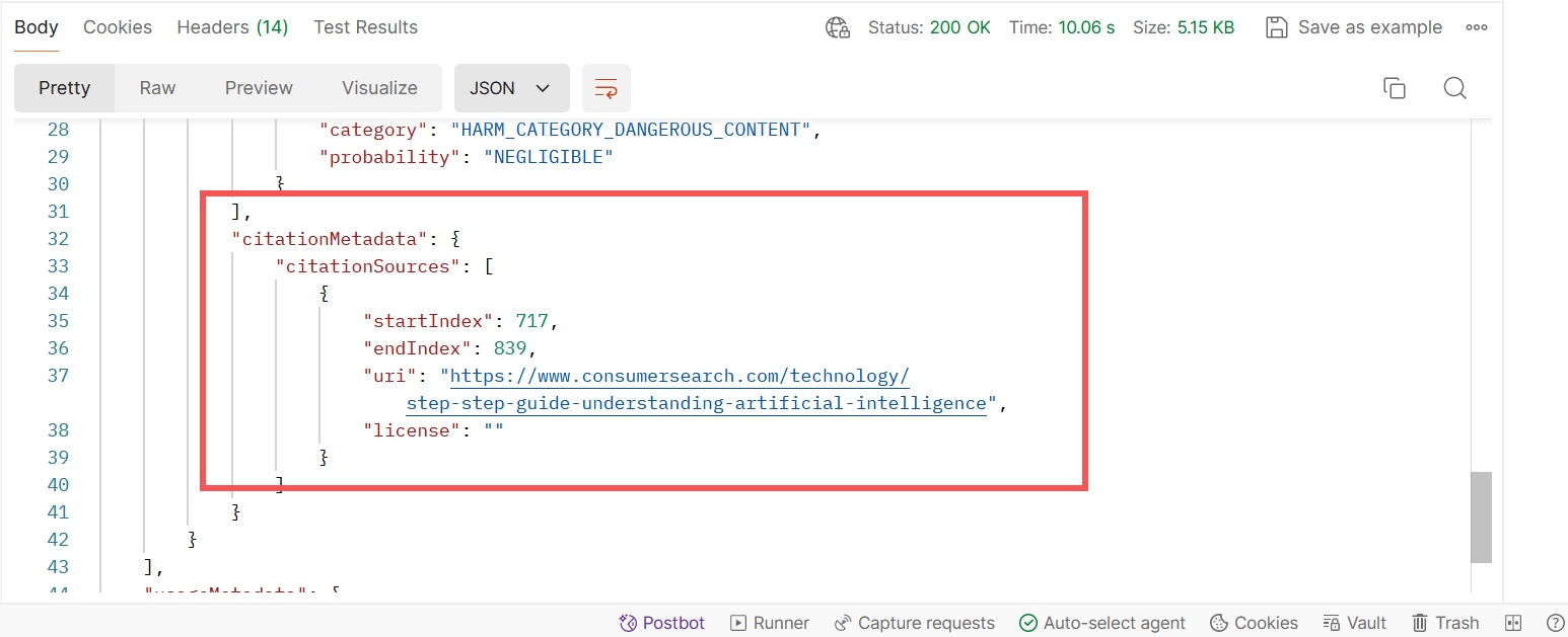 Thông tin citationMetadata từ Gemini API