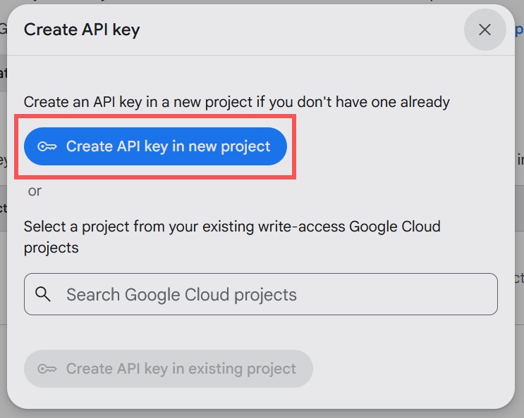 Nút Create API key in new project trong Google AI Studio