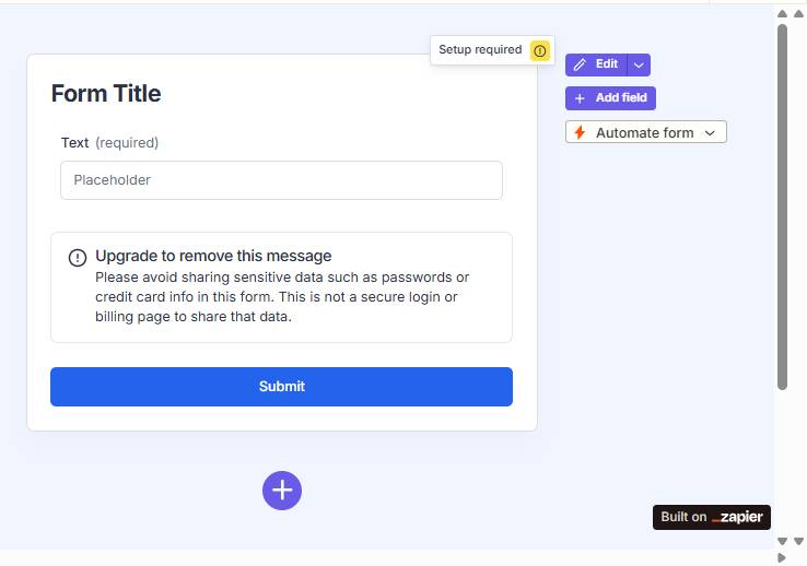 Bản xem trước biểu mẫu với tiêu đề, trường văn bản bắt buộc, nút Submit màu xanh lam và nút Edit màu tím ở góc trên bên phải