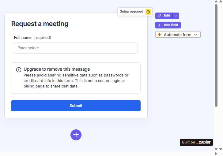 Xem trước biểu mẫu có tiêu đề Request a meeting với trường Full name bắt buộc, nút Submit màu xanh lam và nút Add field màu tím ở bên phải