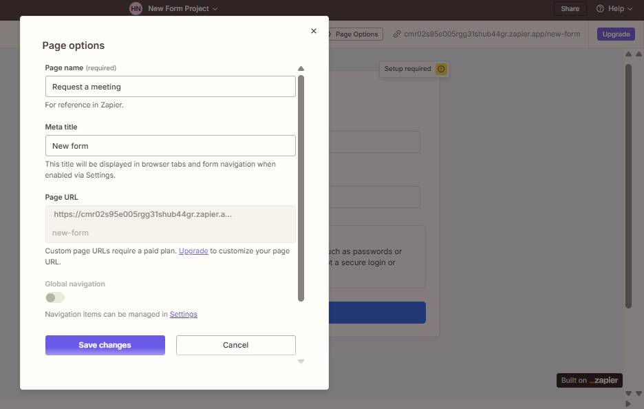 Hộp thoại Page Options với các trường tên trang, tiêu đề meta, URL trang và nút Save changes màu tím