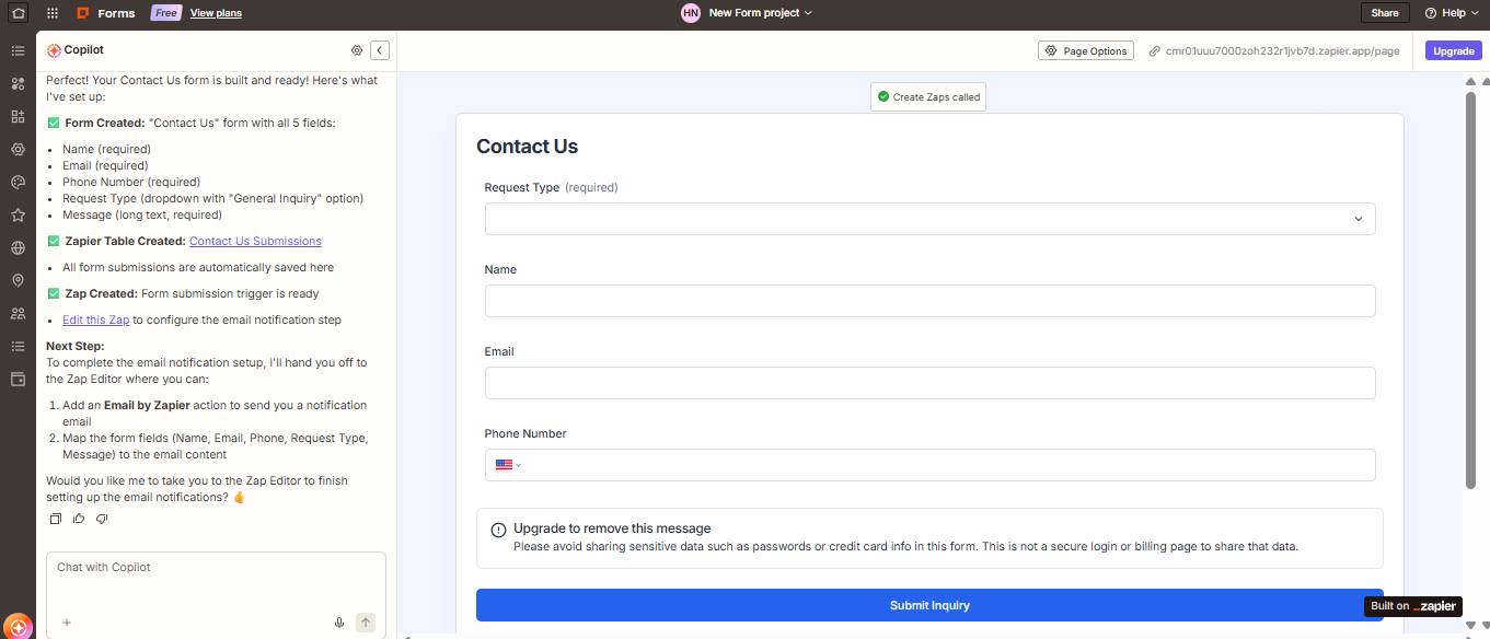 Zapier Forms Editor hiển thị bản xem trước biểu mẫu yêu cầu Contact us với các trường tên, email, số điện thoại, loại yêu cầu và nút Submit Inquiry màu xanh lam.