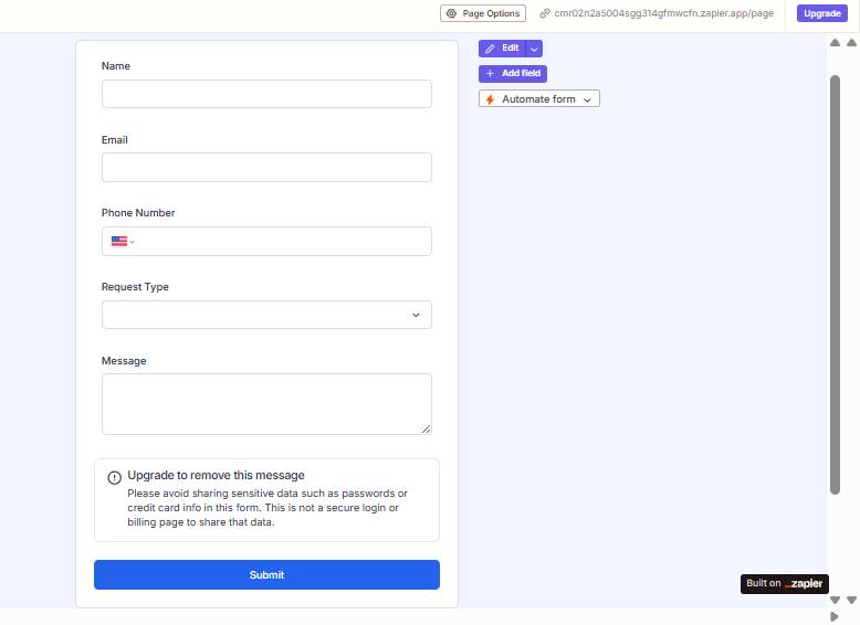 Biểu mẫu yêu cầu thông tin với các trường dành cho họ tên, email, số điện thoại, loại yêu cầu, tin nhắn, phương thức liên hệ ưa thích và nút Submit màu xanh lam