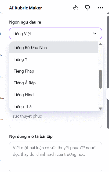 Chuyên ngôn ngữ tiếng Việt cho AI Rubric Maker trên Canva