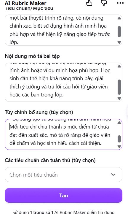 Nội dung bảng đánh giá trên AI Rubric Maker Canva