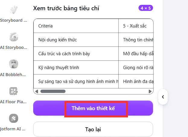 Thêm vào thiết kế bảng đánh giá trên AI Rubric Maker Canva