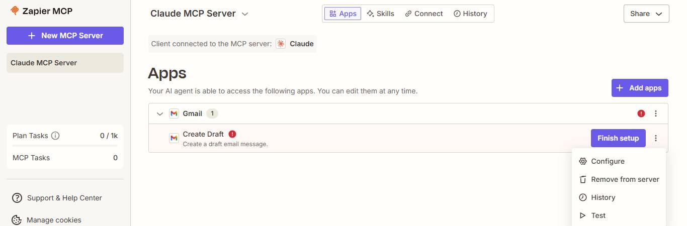 Màn hình Configure cho hành động Gmail