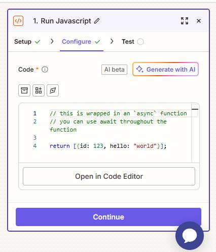 Bước Run Javascript của Zapier hiển thị trình chỉnh sửa code với một đối tượng trả về mẫu và nút Generate with AI màu tím