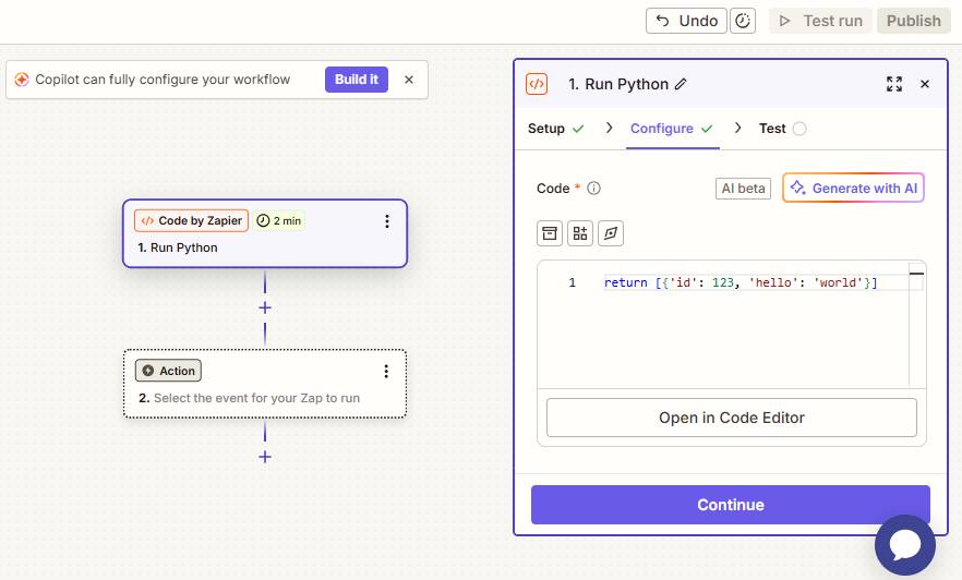 Code step trong action trong trình chỉnh sửa Zap