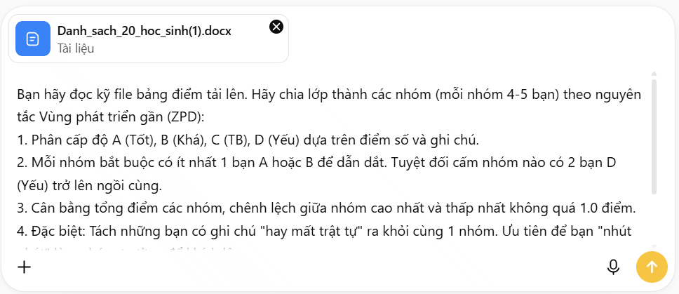 Lệnh chia nhóm học sinh theo ZPD trên ChatGPT
