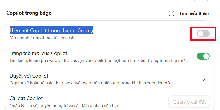 Tắt nút Copilot trên thanh công cụ Edge 