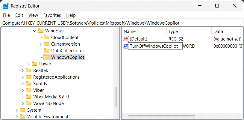 Tạo giá trị TurnOffWindowsCopilot trong Registry Editor