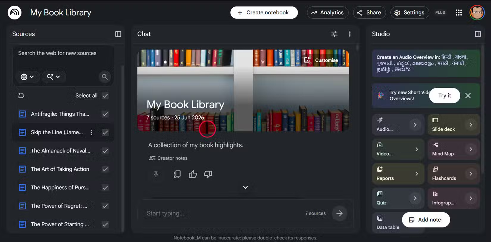 Bảng Sources của NotebookLM hiển thị các snapshot Google Docs lỗi thời.