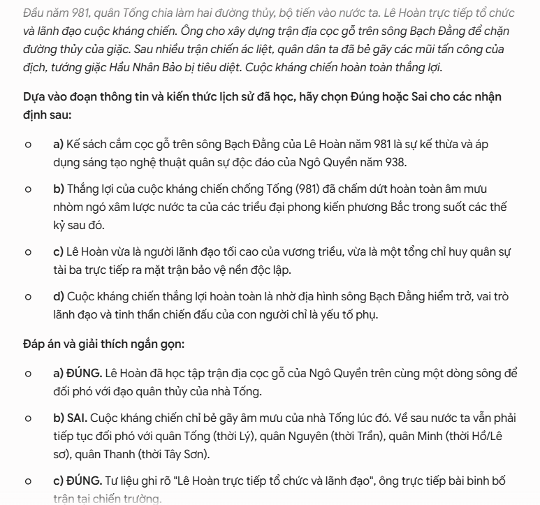 Nội dung câu đúng sai