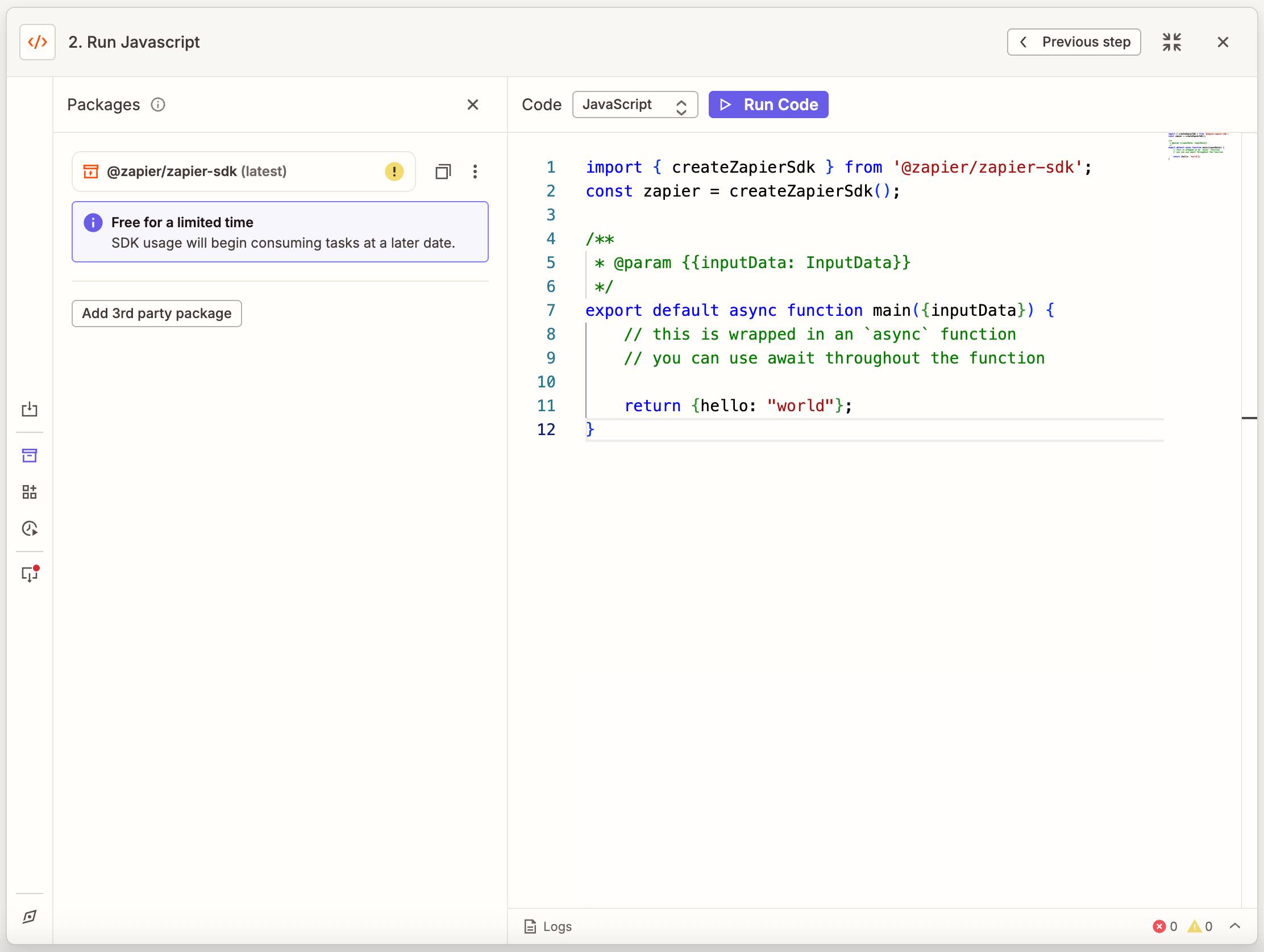 Một Code by Zapier step với Zapier SDK được bật