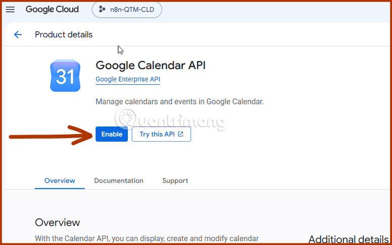 bật Google Calendar API