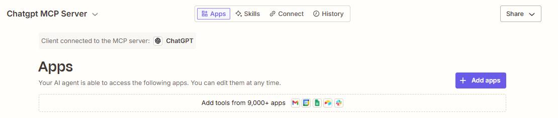 Bảng điều khiển Zapier MCP với tab Configure và nút + Add apps