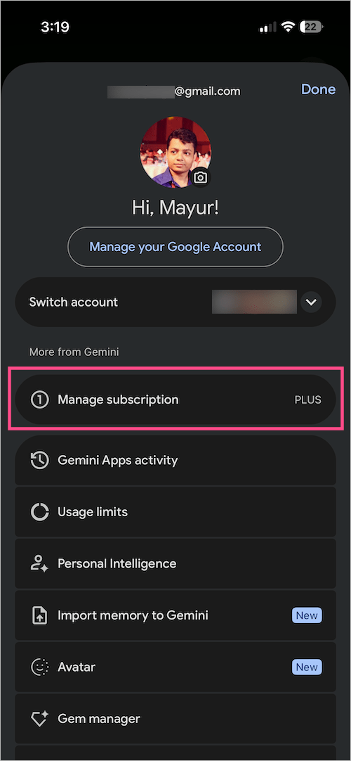 Manage subscription trên ứng dụng Gemini