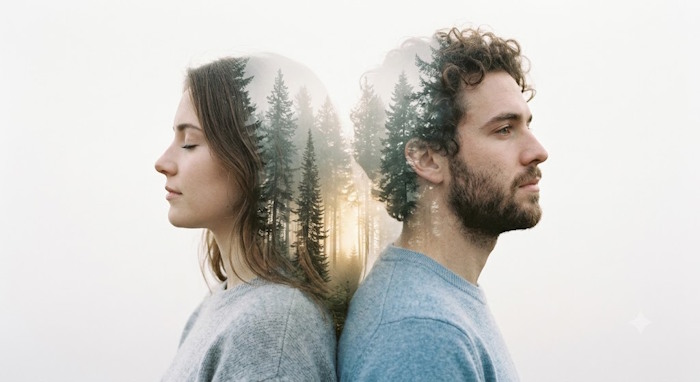 Chân dung Double Exposure cặp đôi nhìn về hai phía