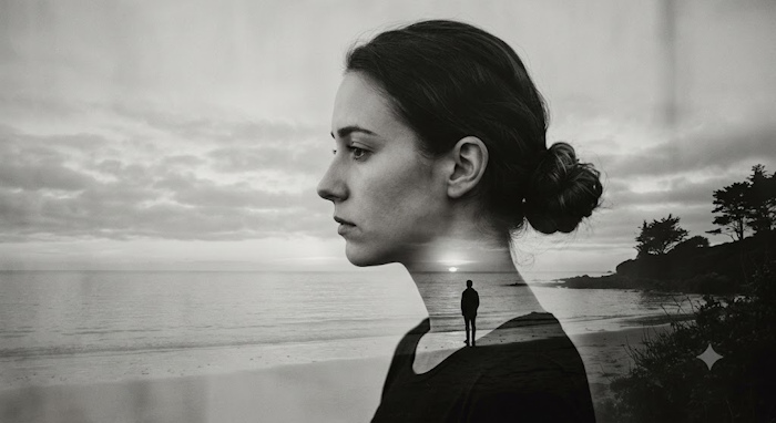 Chân dung Double Exposure của người phụ nữ bên bờ biển