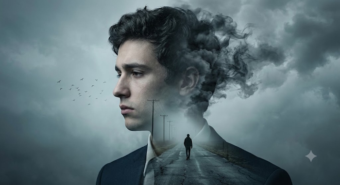 Chân dung Double Exposure góc nghiêng người đàn ông mạnh mẽ