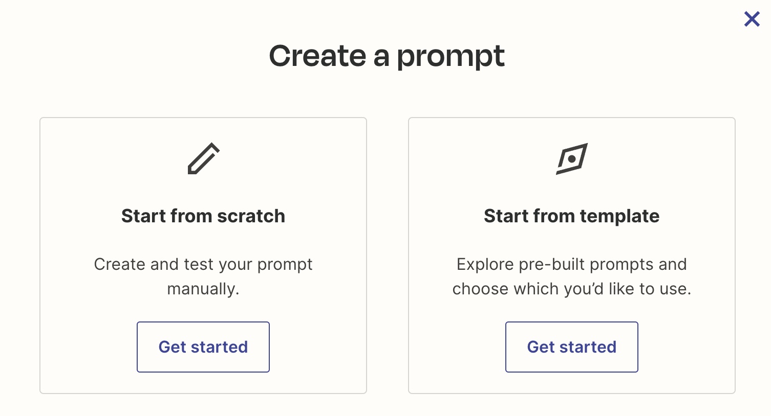 Một prompt dạng modal để tạo prompt từ đầu hoặc sử dụng template.