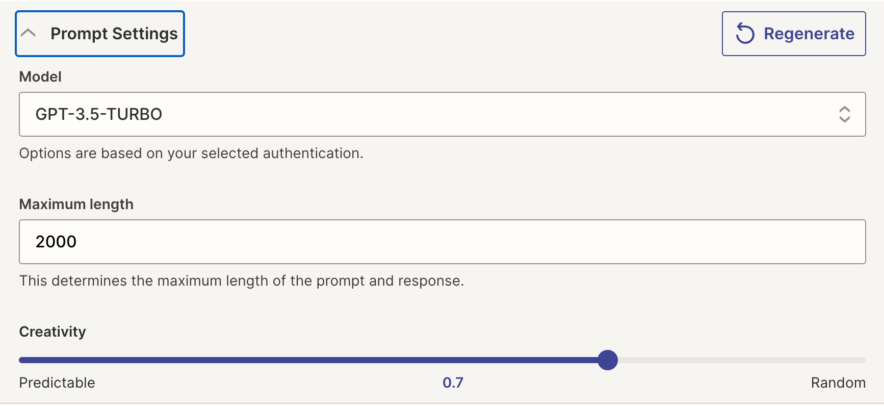 Nhấp vào menu drop-down để chọn mô hình AI khác, thay đổi độ dài tối đa của prompt và phản hồi, và kéo thanh trượt để điều chỉnh mức độ sáng tạo