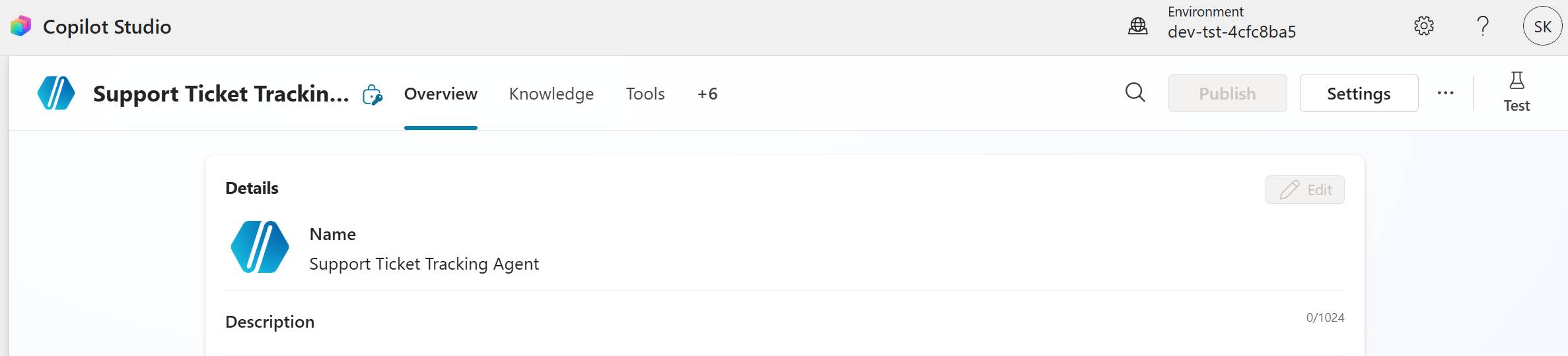 Copilot Studio hiển thị chi tiết agent, các tab, nút Publish và Settings