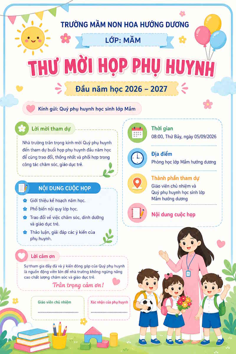 Thư mời phụ huynh cho mẫu giáo