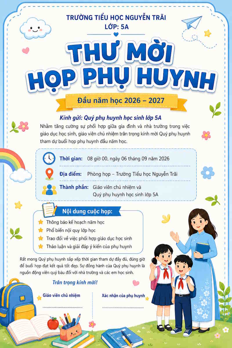 Mẫu giấy mời họp tiểu học đầu năm số 2