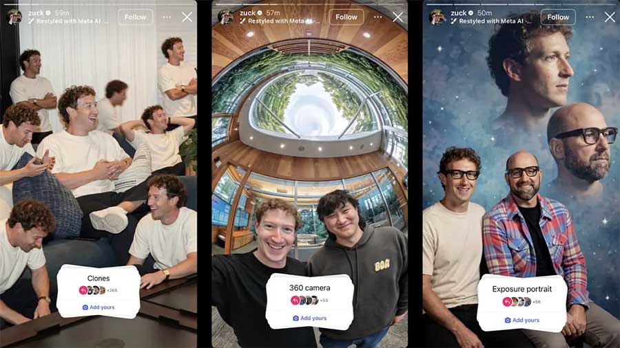 CEO Mark Zuckerberg trình diễn khả năng chỉnh sửa của mô hình AI mới trong các story trên Instagram, với sự góp mặt của Alexandr Wang (giữa), Andrew Bosworth (phải) và nhiều bản sao AI của chính ông (trái).