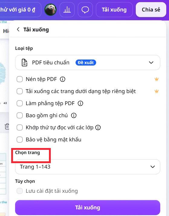 Chọn trang PDF tải xuống trên Canva 