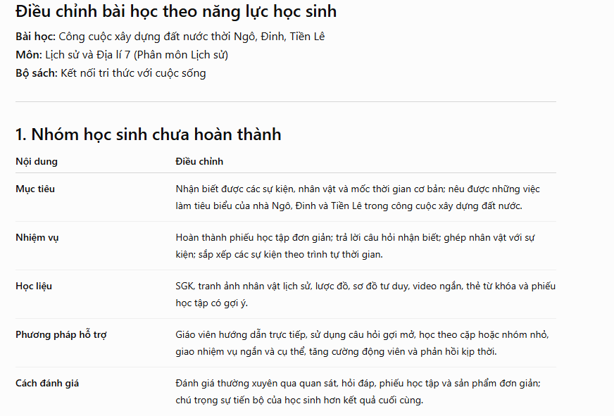 Điều chỉnh bài học theo năng lực học sinh