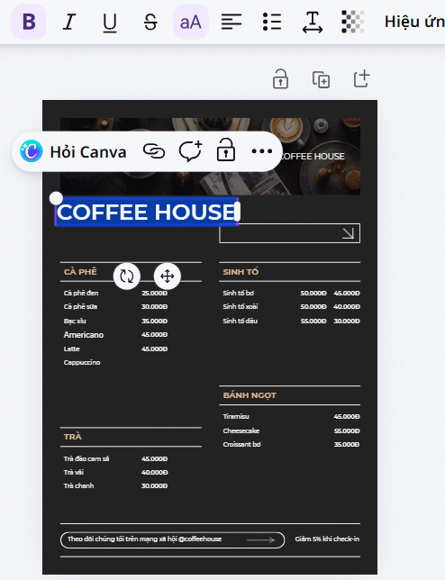 Chỉnh sửa ảnh menu trên Canva AI