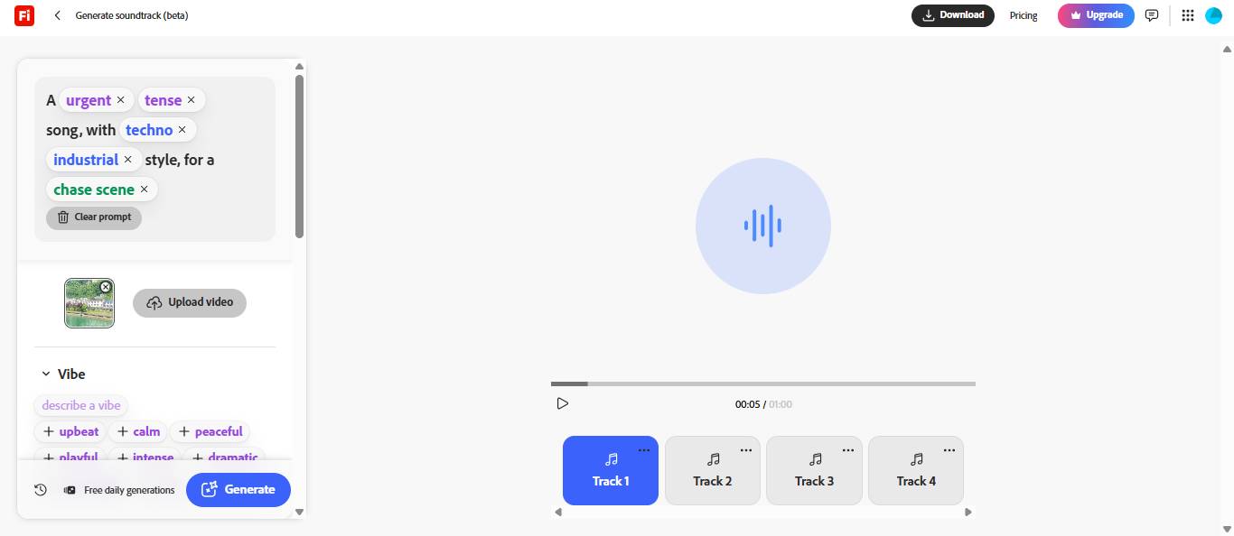 Cửa sổ Download hiển thị 4 nhạc nền được tạo ra với phần xem trước và nút tải xuống