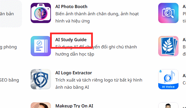Chọn AI Study Guides trên Canva