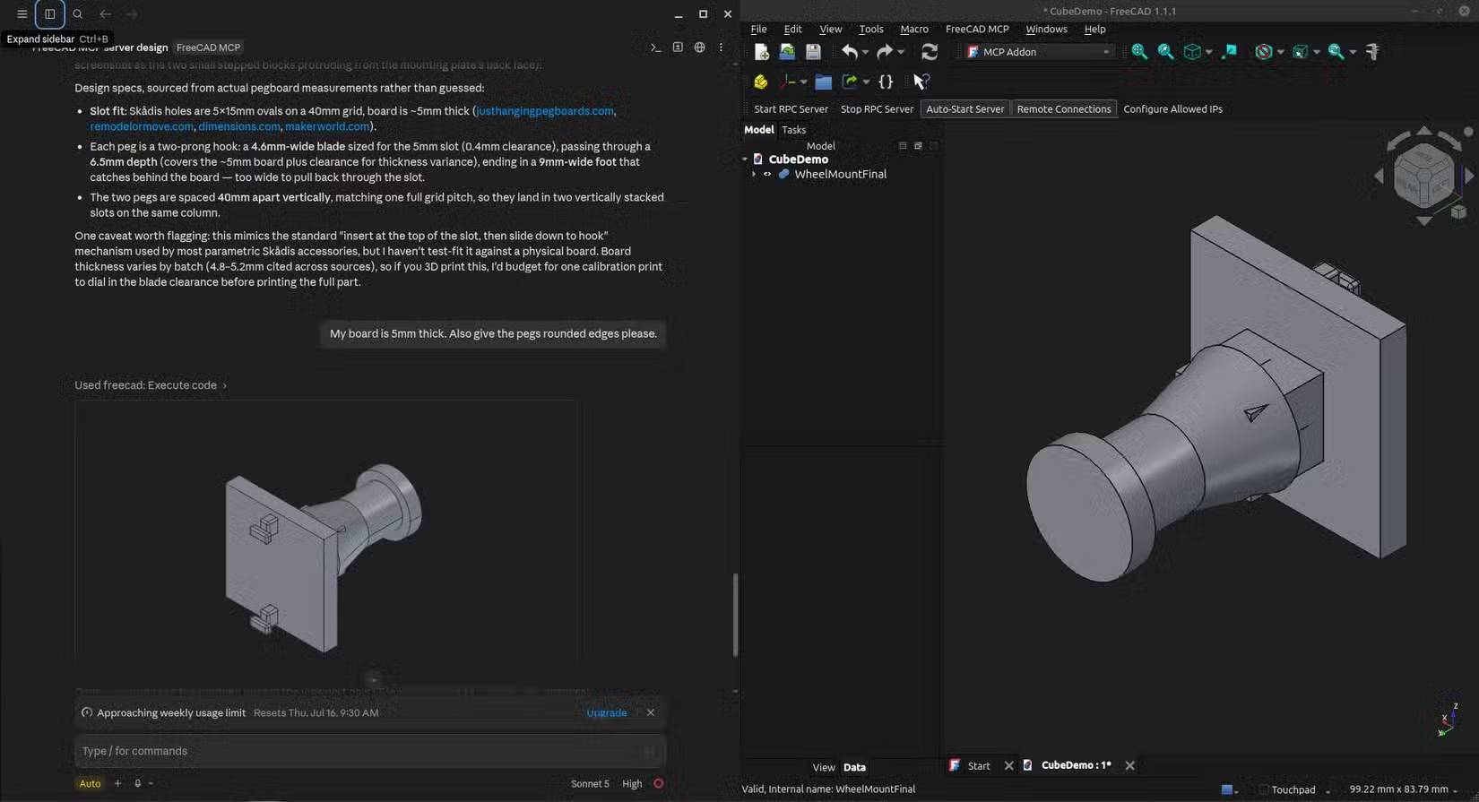 Claude Code và FreeCad chạy song song