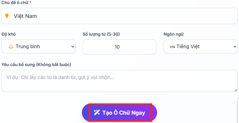 Nhập chủ đề game ô chữ