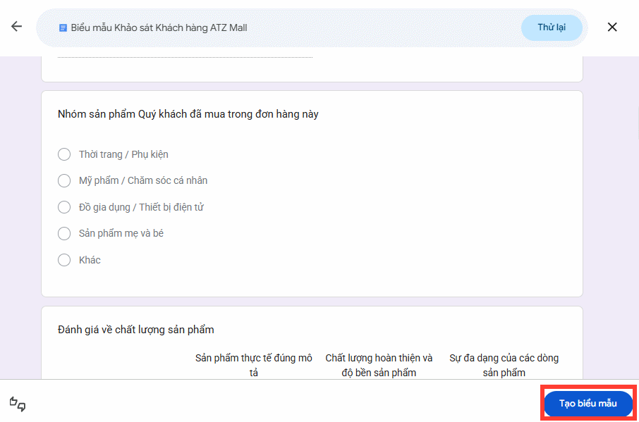 Tạo biểu mẫu khảo sát từ Gemini trên Google Form
