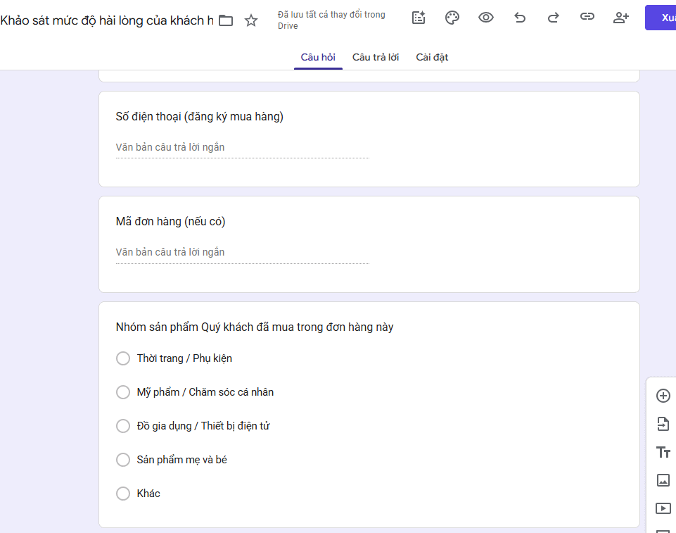 Nội dung biểu mẫu khảo sát trên Google Form
