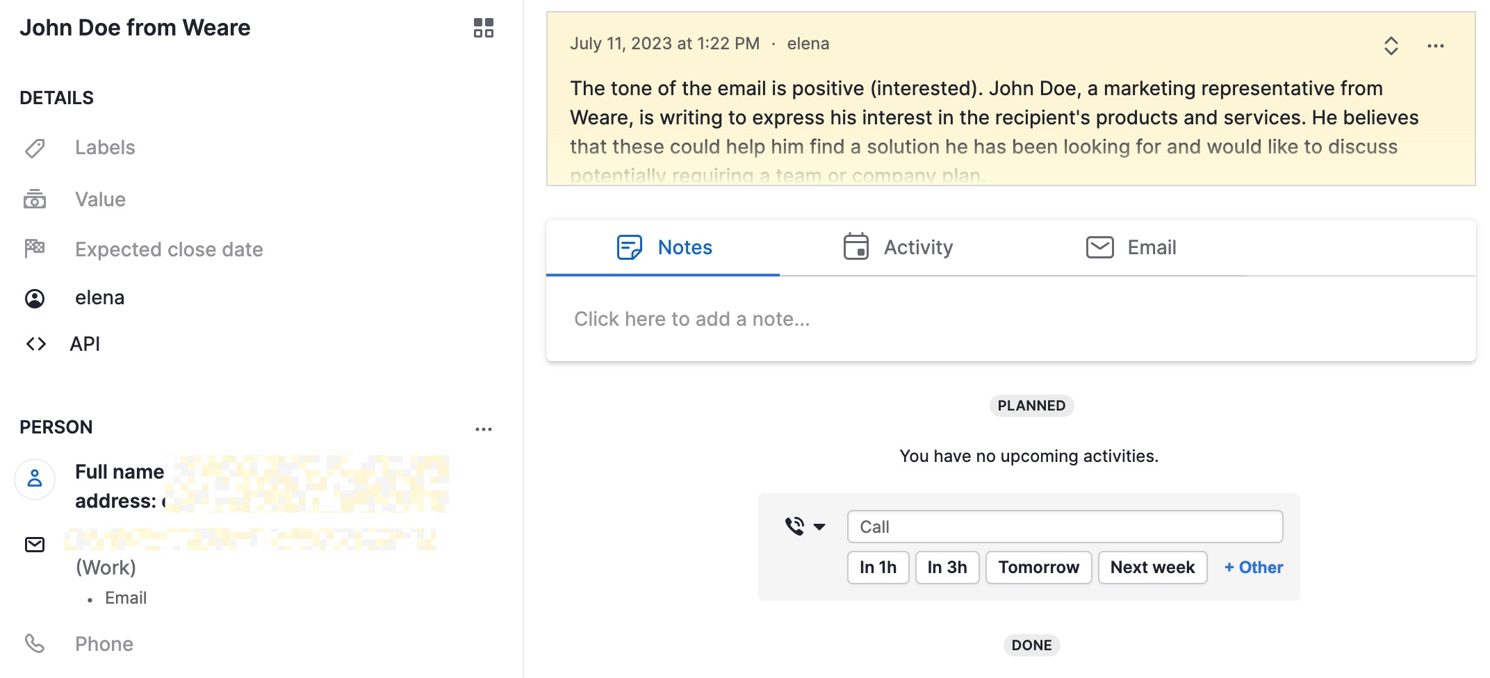 Thẻ khách hàng tiềm năng Pipedrive