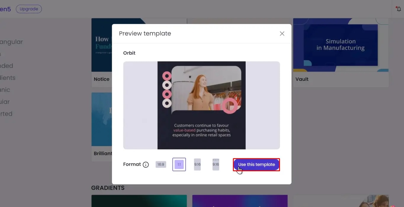 Chọn template video trên Lumen5 AI