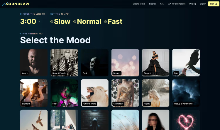 Giao diện trình tạo nhạc AI Soundraw với các cài đặt tâm trạng, độ dài và tempo