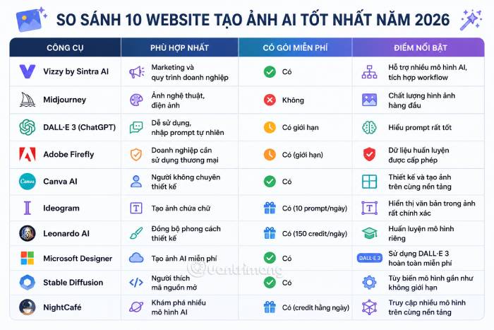 Bảng so sánh tổng quan các trang web tạo ảnh AI nổi bật nhất