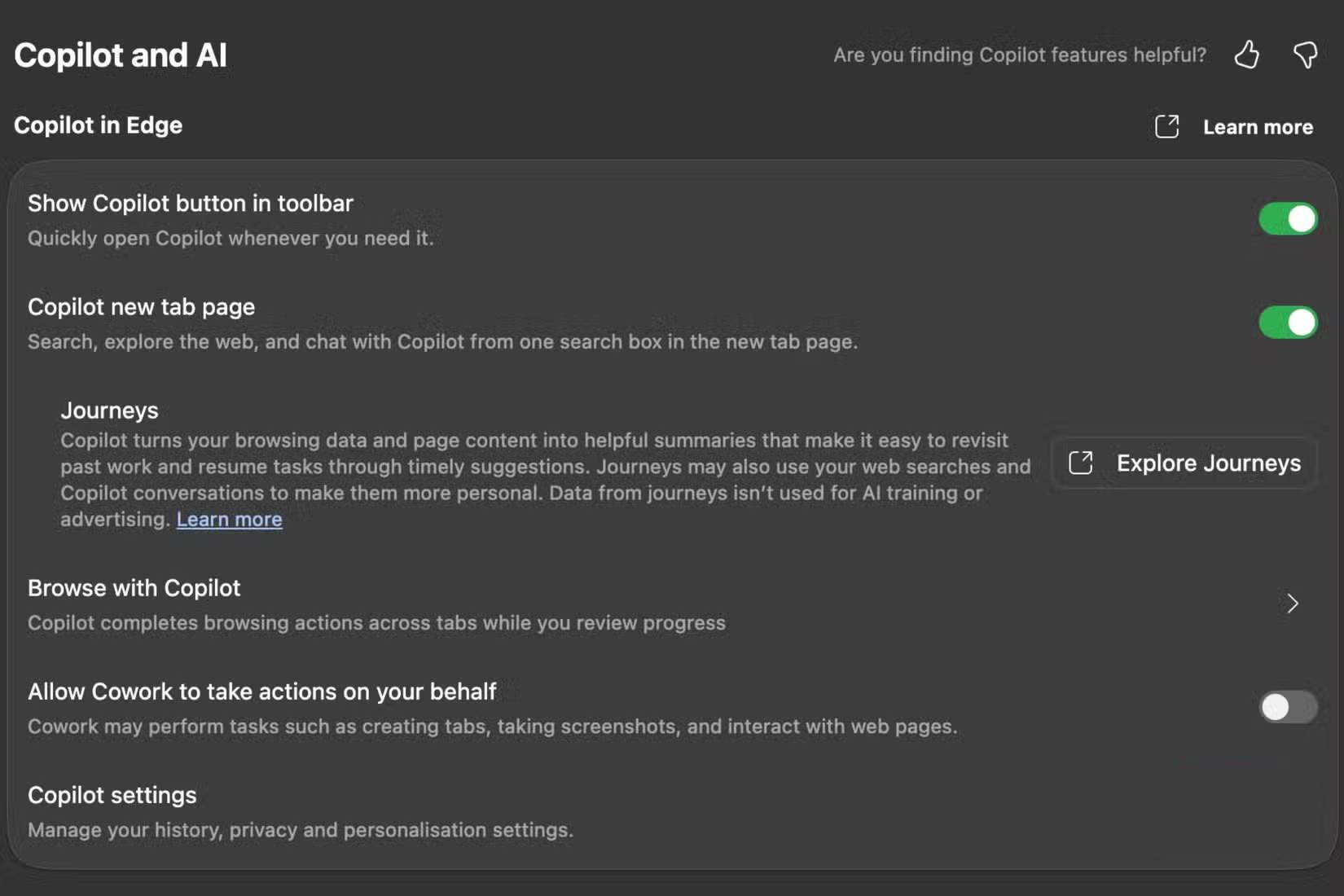 Tính năng Journeys trong cài đặt Copilot and AI trên trình duyệt Microsoft Edge