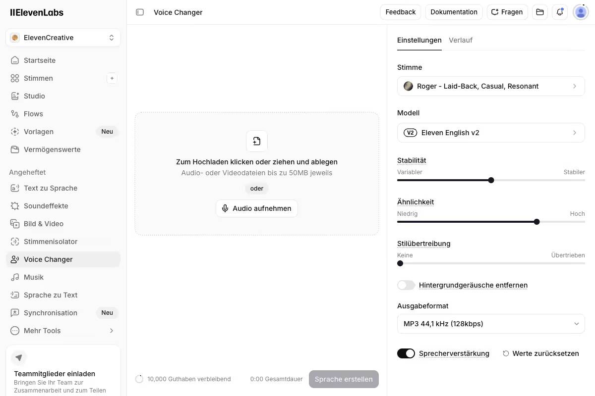 Ứng dụng thay đổi giọng nói ElevenLabs với trường upload và các điều khiển cho giọng nói, độ ổn định và độ tương đồng