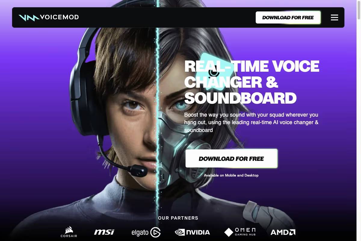 Trang chủ Voicemod với ứng dụng thay đổi giọng nói thời gian thực và soundboard dành cho chơi game và stream