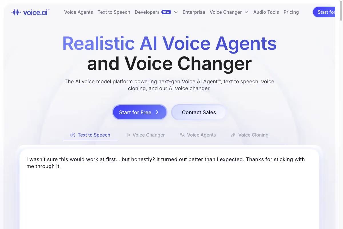 Trang chủ của Voice.ai với các AI voice agent và công cụ chuyển đổi giọng nói thời gian thực