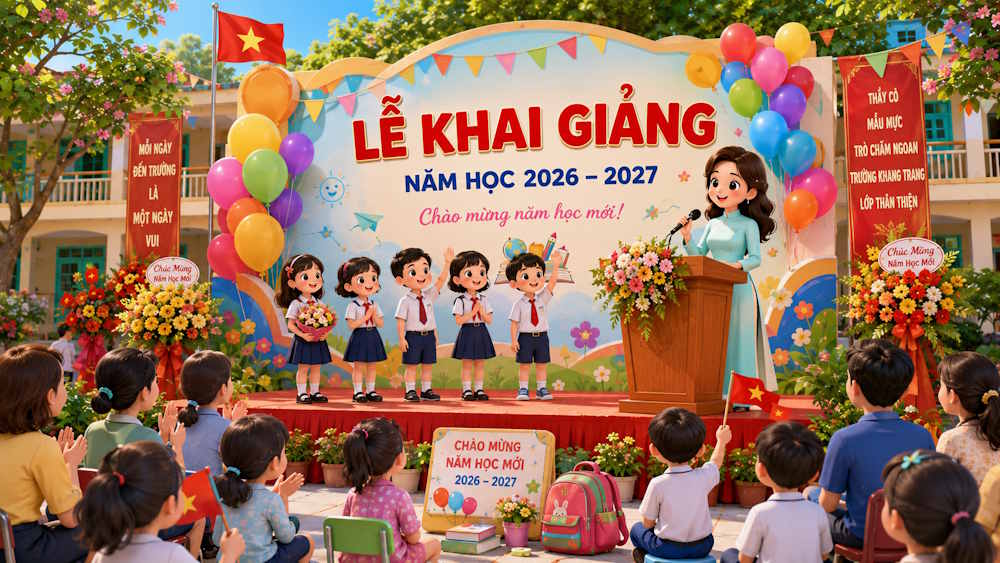 Poster khai giảng với bục phát biểu