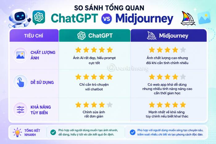 Bảng so sánh nhanh ChatGPT vs Midjourney